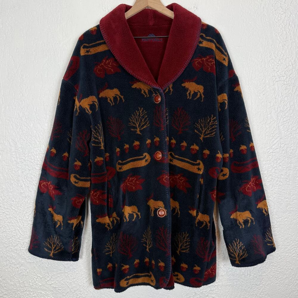 Vintage Denali Reversible Moose Print Fleece Jacket Cabin Core Size Large